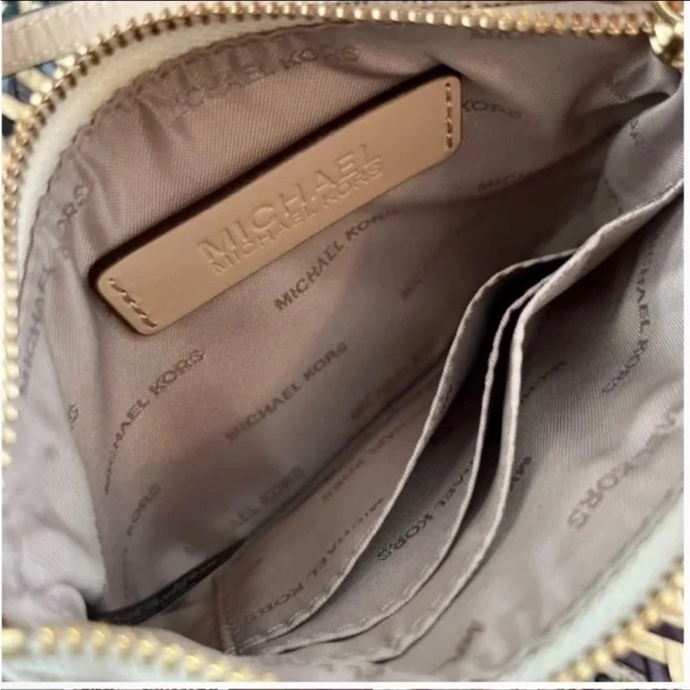 Michael Kors Signature Monogram Wristlet Vanilla Gold Logo Plate Wallet
